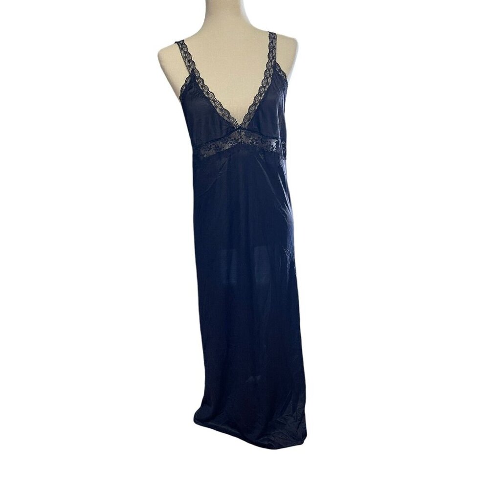 Vintage Beverly Nightgown Long Full Slip Black Silky Lace Dress Womens Small